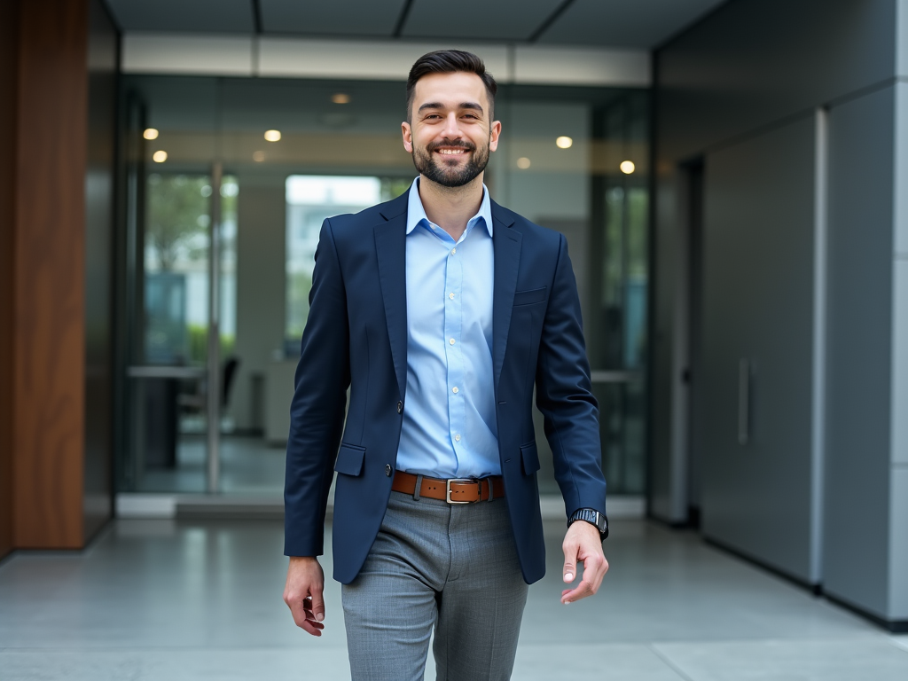 Smiling man in a suit walking outside a modern office building.