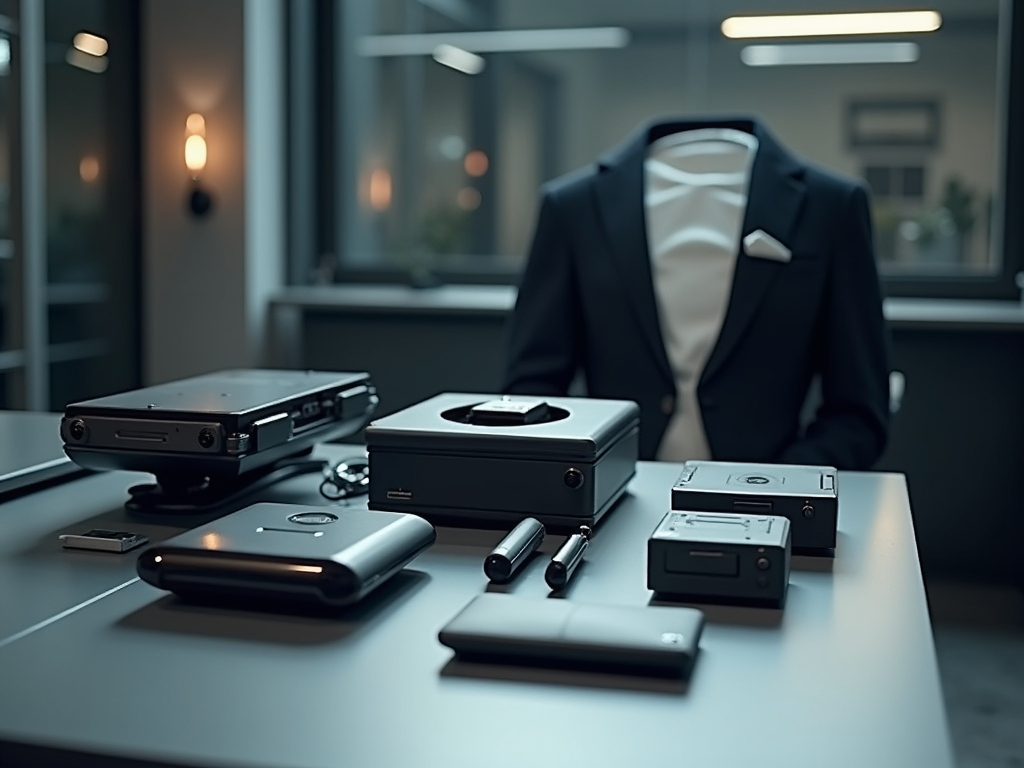 A table with various retro gadgets and a suit jacket on a chair, set in a dimly lit office room.