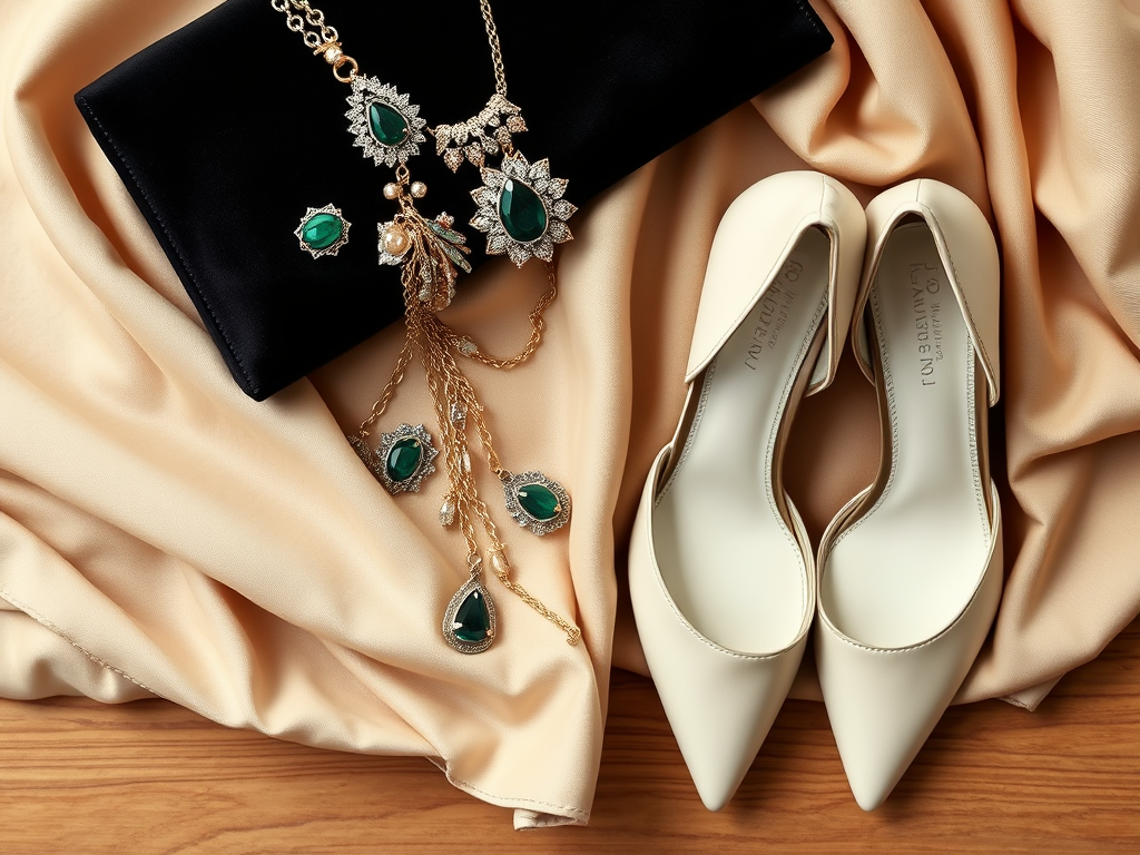 A stylish arrangement featuring elegant heels, a black clutch, and jewelry with green gemstones on soft fabric.