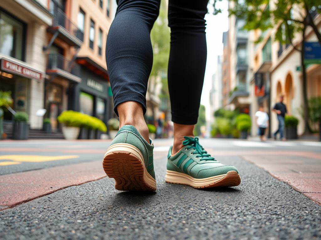 A close-up of green athletic shoes on a city street, with blurred pedestrians and buildings in the background.