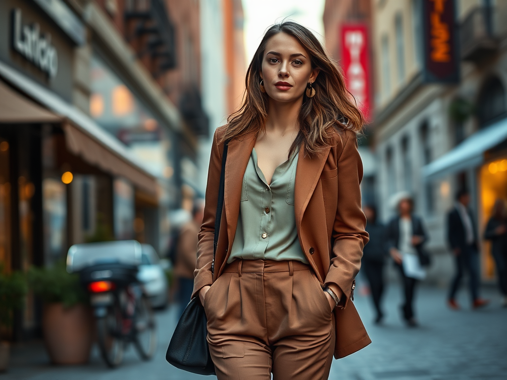 A stylish woman in a brown suit walks confidently down a city street, surrounded by cafés and pedestrians.