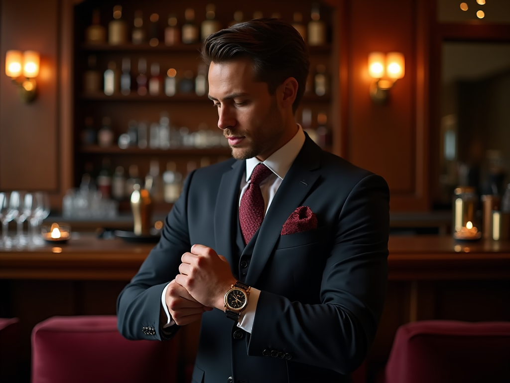 Elegant man checking his watch in a classy bar setting.