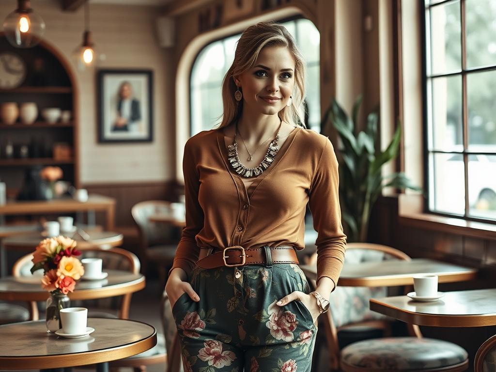 A young woman in a cafe stands confidently, wearing a brown cardigan and floral pants, smiling softly.