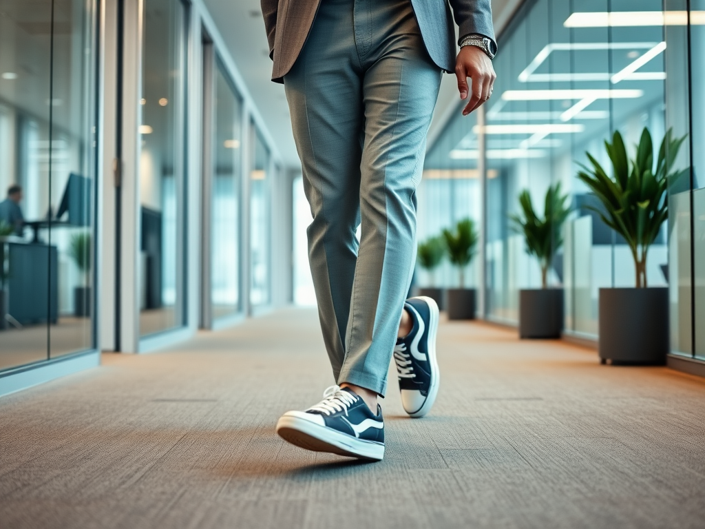 A person in business attire walks through a modern office corridor, wearing stylish sneakers. Green plants are visible.