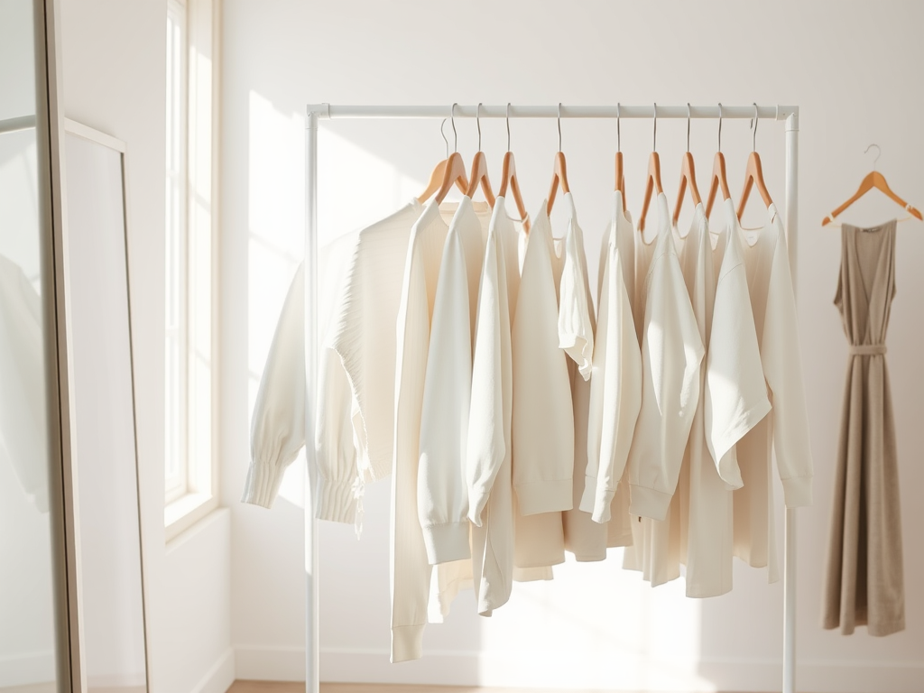 A clothing rack displays various beige and cream tops, with a brown dress hanging in the background.