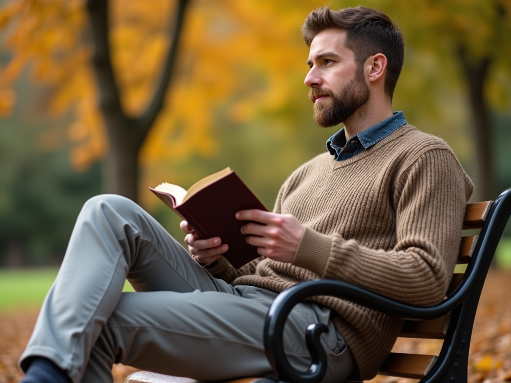 Man reading a book on a park bench in autumn.