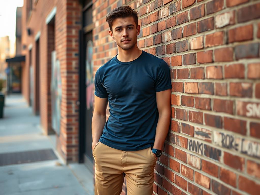 A young man leans against a brick wall, wearing a navy shirt and khaki pants, with a relaxed expression.