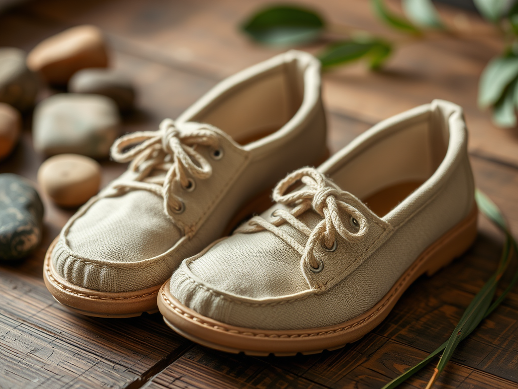 A pair of beige canvas shoes with laces rests on a wooden surface surrounded by smooth stones and green leaves.