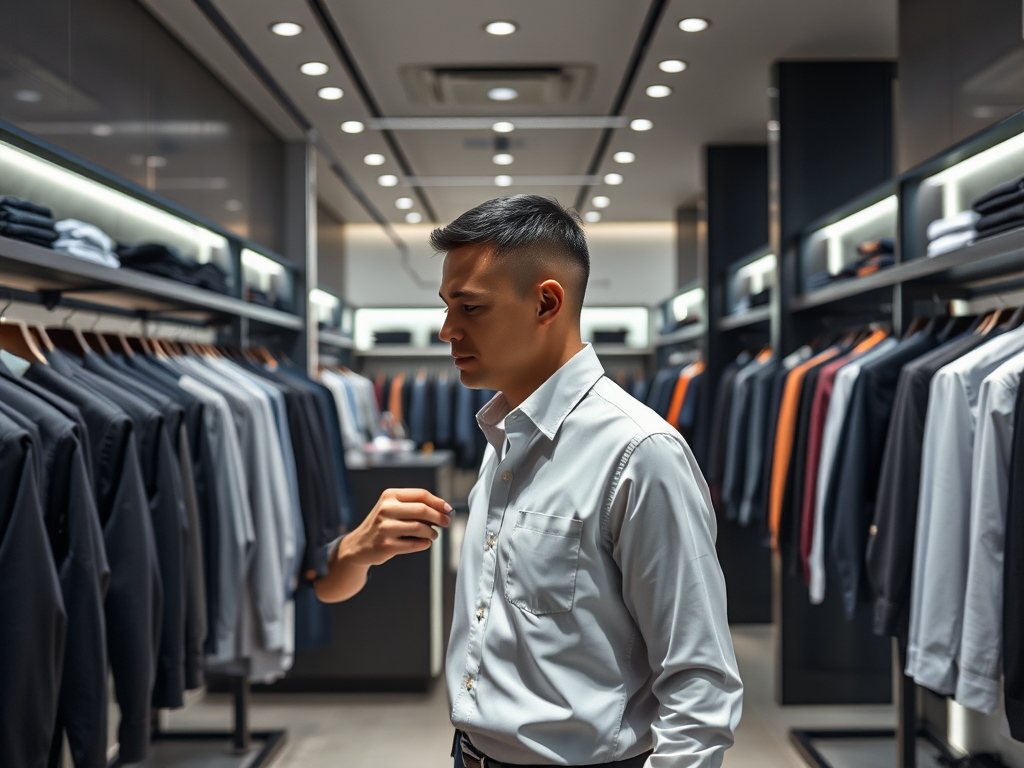 A young man in a white shirt examines clothing in a modern store, surrounded by neatly arranged garments.