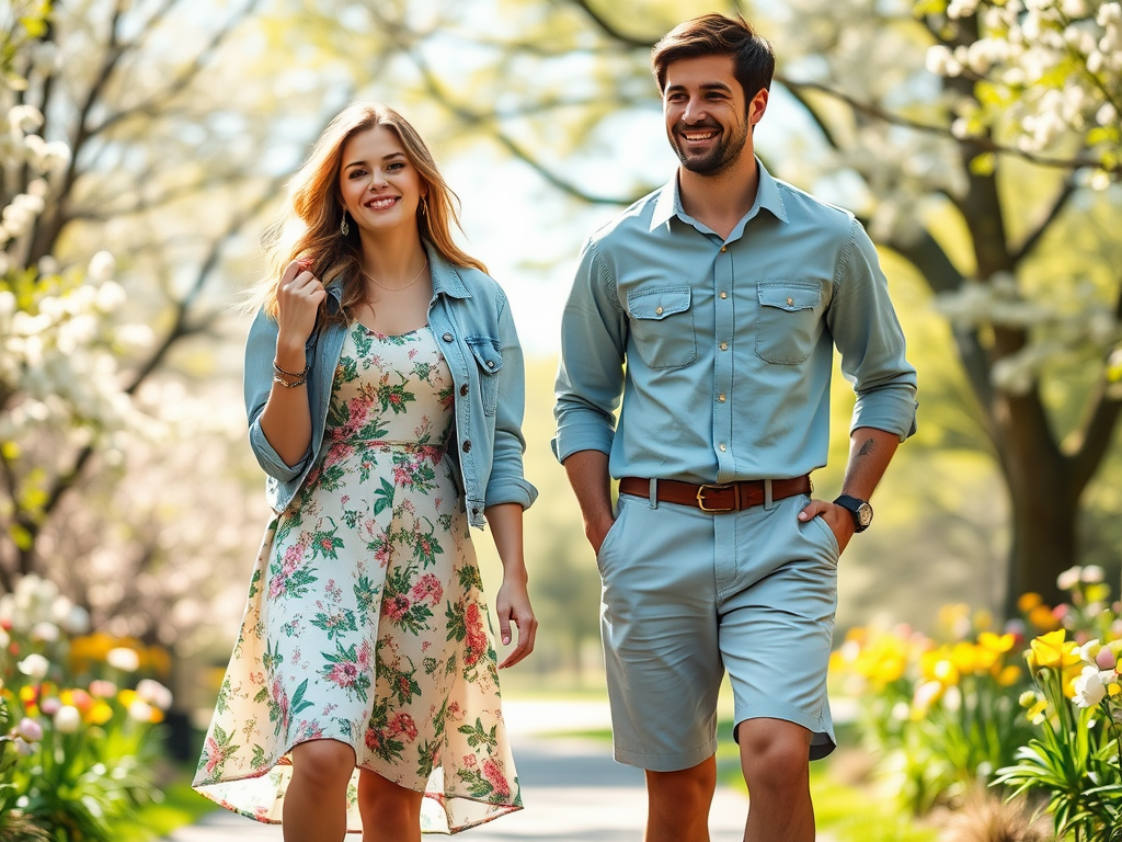 A smiling couple strolls through a sunny park surrounded by colorful flowers and trees in bloom.