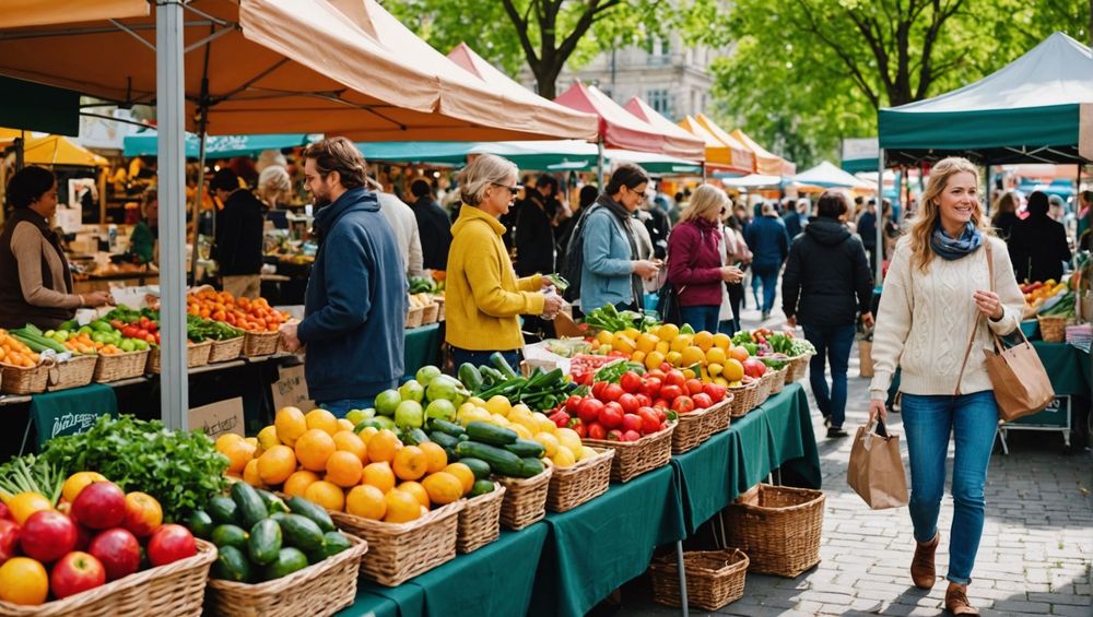 Люди выбирают продукты на ярком рынке с фруктами и овощами на улице в дневное время.